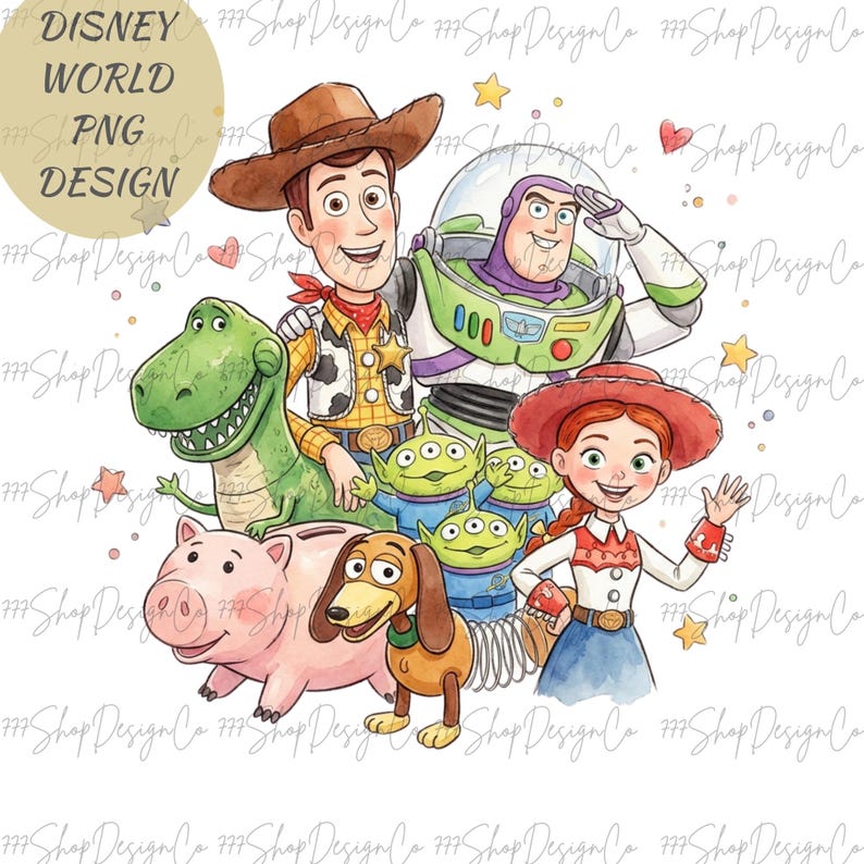 Op de afbeelding: Waterverfillustratie van Disney's Toy Story-personages, waaronder Woody, Buzz Lightyear, Jessie, Rex, de Aliens, Hamm en Slinky Dog. De afbeelding bevat de tekst "DISNEY WORLD PNG DESIGN".