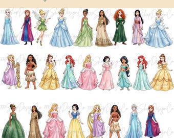 May include: Watercolor illustrations of 26 Disney Princesses in various gowns and outfits. The princesses are depicted in a variety of poses and colors, with the text "Disney Princess 26 Separated PNG" at the top.