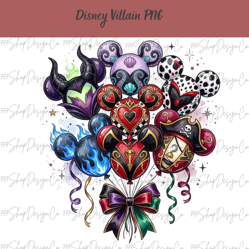 May include: A watercolor illustration of Disney villain-themed Mickey Mouse balloons. The balloons feature designs inspired by characters like Maleficent, Cruella de Vil, and the Evil Queen. The balloons are tied with a purple, black, and green bow.