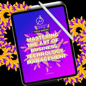 Puede incluir: Una tableta digital púrpura y rosa con un lápiz blanco. La pantalla de la tableta muestra un gráfico con el texto "gardenpatch", "TECH SAVVY", "MASTERING THE ART OF BUSINESS TECHNOLOGY MANAGEMENT" y "www.gardenpatch.co.uk".