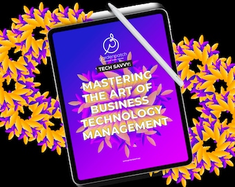 May include: A purple and pink digital tablet with a white stylus. The tablet screen displays a graphic with the text "gardenpatch", "TECH SAVVY", "MASTERING THE ART OF BUSINESS TECHNOLOGY MANAGEMENT", and "www.gardenpatch.co.uk".