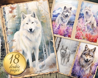 18 Polar Wolves Junk Journal Pages, Digital Download, Scrap Book, Printable, Vintage Junk Journal Digi Kit, Printable Journal, Forests