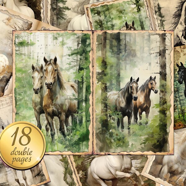 18 Wild Horse Junk Journal Pages, Digital Download, Scrap Book, Printable, Vintage Junk Journal Digi Kit, Printable Journal, Horses, DIY