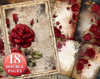 18 página Dark Red Roses Botanicals Junk Journal Pages, Descarga digital, Libro de chatarra, Imprimible, Vintage Junk Journal Digi Kit, Journal,gothic