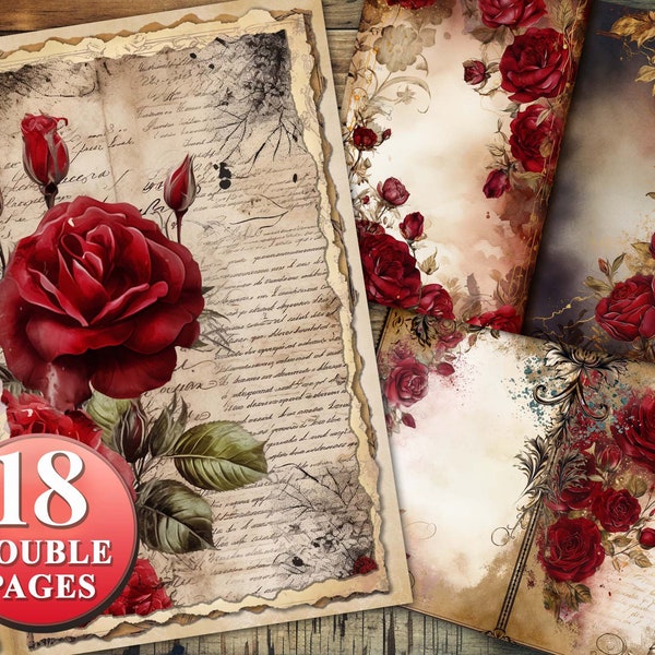 18 page Dark Red Roses Botanicals Junk Journal Pages, Digital Download, Scrap Book, Printable, Vintage Junk Journal Digi Kit, Journal,gothic