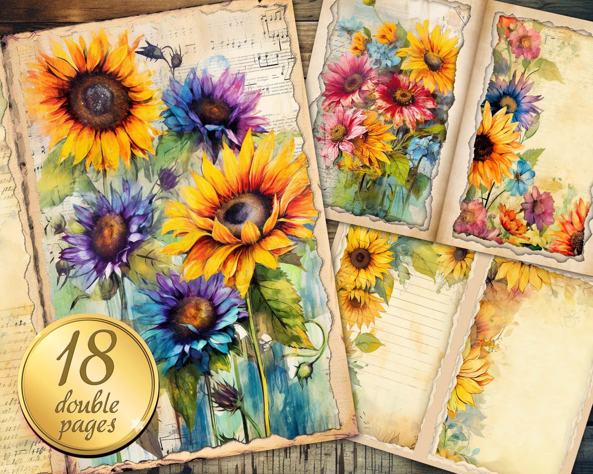 18 Sunflowers Junk Journal Pages Digital Download Scrap Etsy