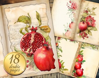 18 Vintage Pomegranates Junk Journal Pages, Digital Download, Scrap Book, Printable, Vintage Junk Journal Digi Kit, Printable Journal