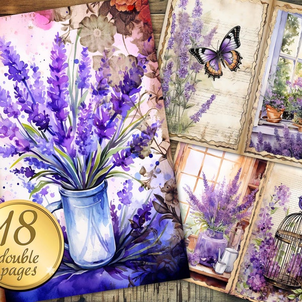 18 Lavender Junk Journal Pages, Digital Download, Scrap Book, Printable, Vintage Junk Journal Digi Kit, Journal, Vintage Lavender, Cottage