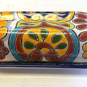 Talavera Pottery Hand Painted Ceramic Butter Dish Kitchen Butter Holder Spanish Hand Painted Design, Spanish butter dish