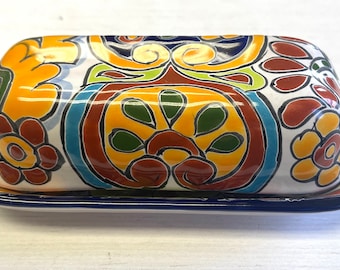 Talavera Pottery Hand Painted Ceramic Butter Dish Kitchen Butter Holder Mexican Hand Painted Design, Mexican butter dish
