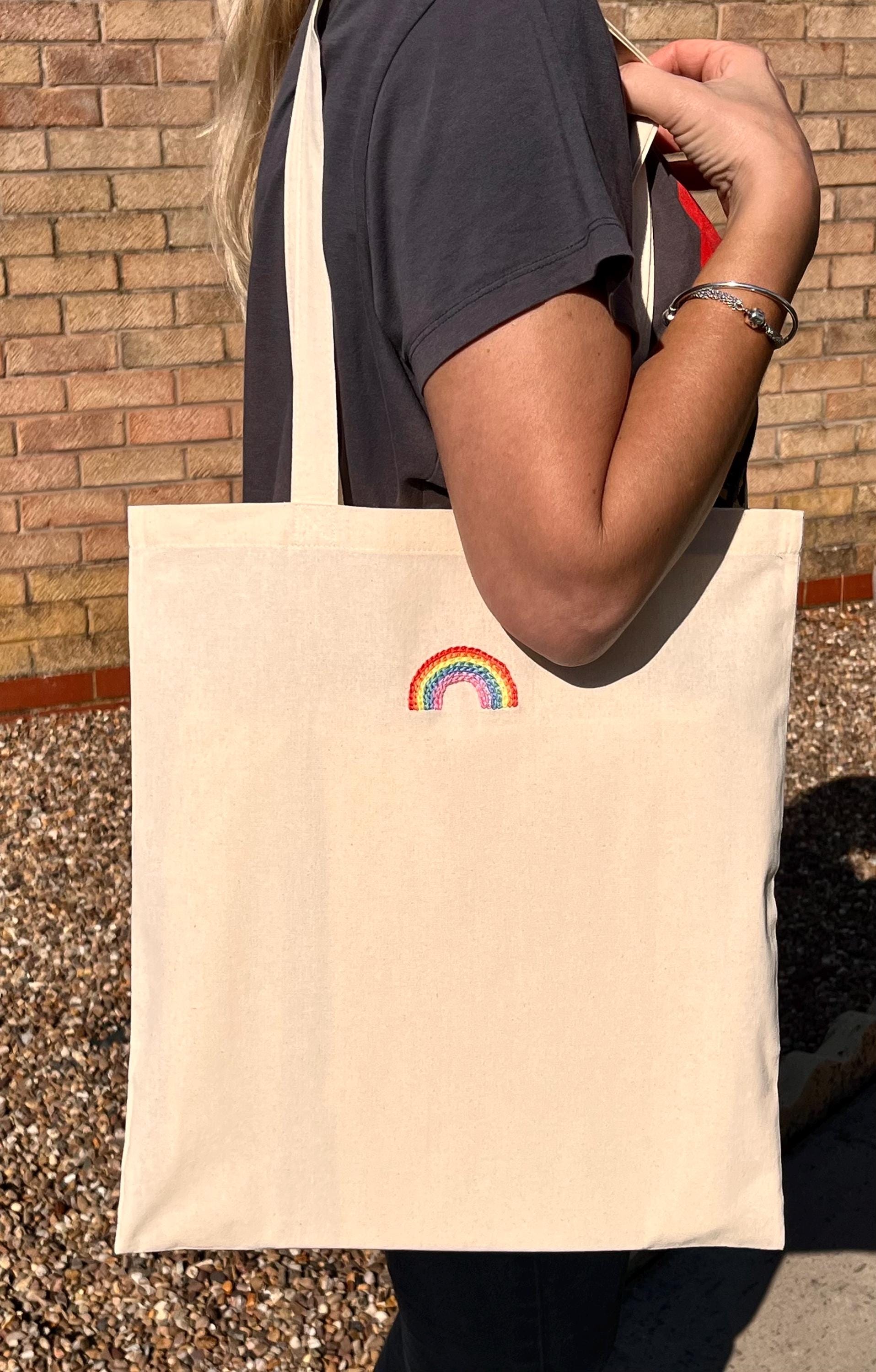 Hand embroidered rainbow pattern reusable tote bag, Summer rainbow canvas tote, birthday present, friend gift, school/uni/ work/ beach bag