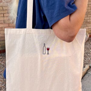 Hand embroidered colourful wine glass reusable tote bag, wine bottle gift, canvas bag, birthday present/gift, work/uni bag, cute shopper