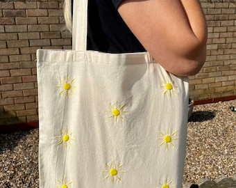 Hand embroidered sunshine reusable tote bag, colourful summer sunshine embroidered tote bag, canvas bag birthday gift friend  present