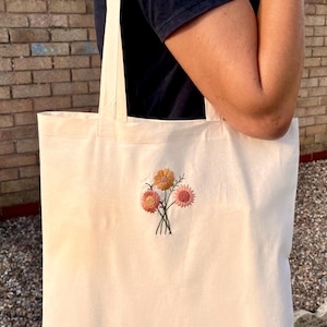 Vintage floral hand embroidered design, reusable tote bag/ red sunflower tote bag, canvas bag birthday gift/present. Summer work/uni bag
