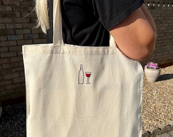 Hand embroidered colourful wine glass reusable tote bag, wine glass bottle  gift, canvas bag, birthday present gift, work uni bag, cute bag