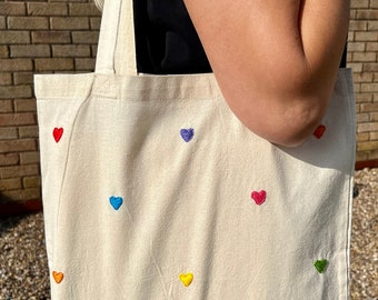 Hand embroidered colourful love heart reusable tote bag, Spring embroidered tote bag, birthday gift/ present, school work uni bag, cute bag