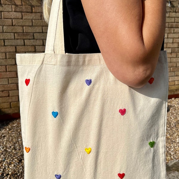 Hand embroidered colourful love heart reusable tote bag, Spring embroidered tote bag, birthday gift/ present, school work uni bag, cute bag
