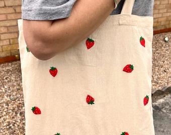 Hand embroidered strawberry reusable tote bag, colourful strawberry bag, birthday gift/present, cute bag, Spring Summer work/uni/school bag