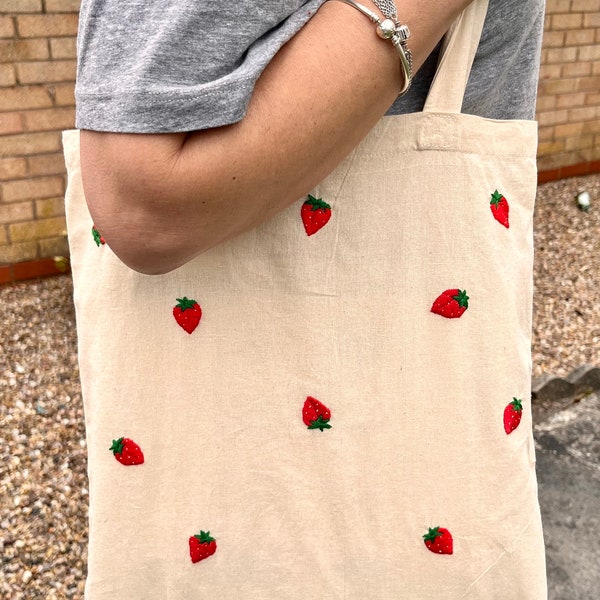Hand embroidered strawberry reusable tote bag, colourful Spring strawberry tote bag, birthday gift/present, work/uni/school bag, cute bag