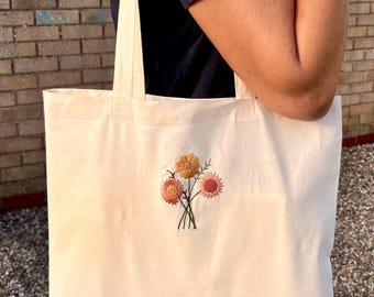 Hand Embroidered Floral Cotton Tote Bag – Sunflower Design