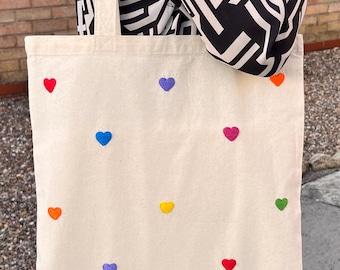 Hand embroidered colourful love heart reusable tote bag, embroidered tote bag, birthday gift/ present, school/work/uni bag, cute shopper bag