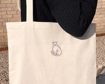 Hand Embroidered Cat Tote Bag, 100% Cotton Reusable Shopper