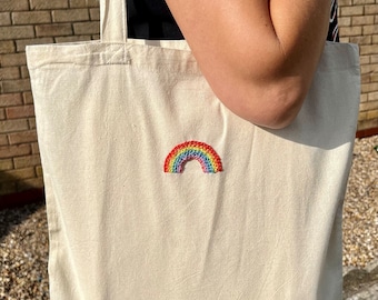 Hand embroidered rainbow pattern reusable tote bag, rainbow canvas embroidered tote , birthday present, Spring gift, school/ uni/ work bag