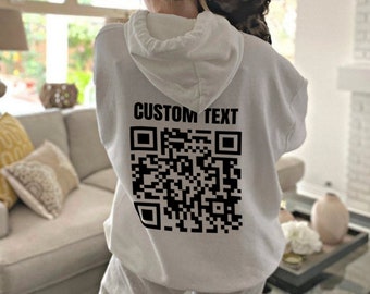 Sudadera con capucha con código QR de texto personalizado, código QR personalizable y sudadera con capucha de texto