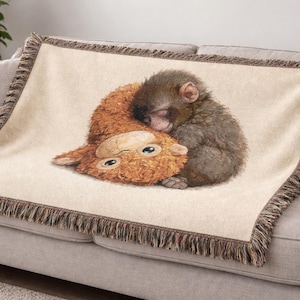 Geweven aap knuffeldeken – gezellig katoenen plaid met gefranjerde randen