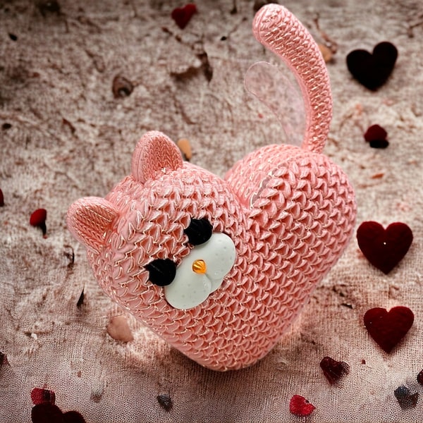 Crochet Heart Kitten | 3D Printed | Perfect for Cat Lovers | Knitted Heart Kitten Figurine | Cute Heart Shaped Kitten Figurine | Home Decor