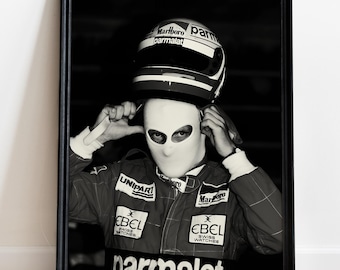 Poster di Formula 1 in bianco e nero di Niki Lauda, arte da corsa retrò