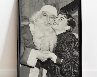 Audrey Hepburn & Santa Claus Christmas Poster, Old Hollywood Print