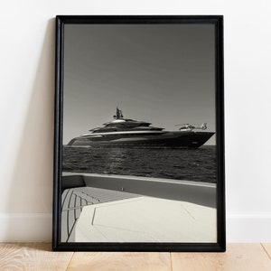 Impresión de velero, póster de barco a motor de lujo, arte de pared en blanco y negro, decoración elegante para el hogar, regalo de dinero antiguo, póster de océano de dinero nuevo, superyate de lujo