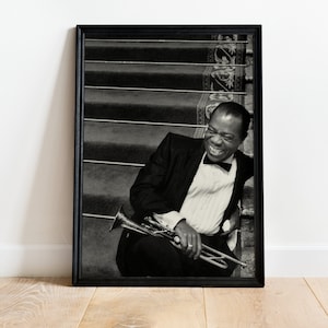 Póster de jazz, arte mural en blanco y negro, jazz, impresión de jazz, Louis Armstrong, arte de jazz, retrato, póster musical, pósteres musicales, póster retro
