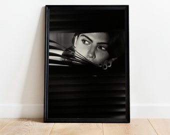Woman in Window Print: Black and White Fashion Poster