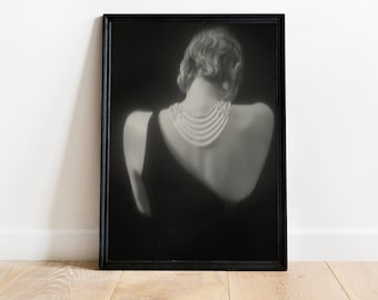 Pearl Necklace Woman Portrait, Black and White Art Print
