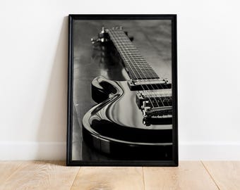 Stampa artistica di chitarra in bianco e nero, decorazione per musicisti