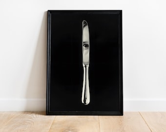 Surreal Eye Reflection Knife Art Print, Black White Minimalist Photography Poster, Gothic Wall Decor