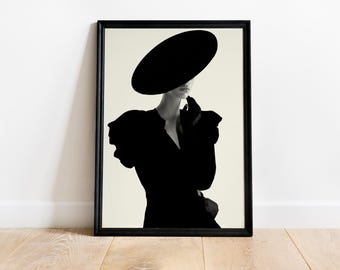 Black and White Fashion Wall Art,Woman Portrait,Black Hat,Black Swan Woman Wall Art,Black Glove,Classy Woman Wall Art,Vogue Woman Wall Art