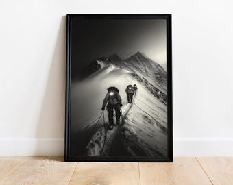 Mountain Climbing Print: Black and White Extreme Sport Wall Art
