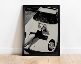 Black and White Fashion Print, Woman on Vintage Car, Luxury Wall Decor