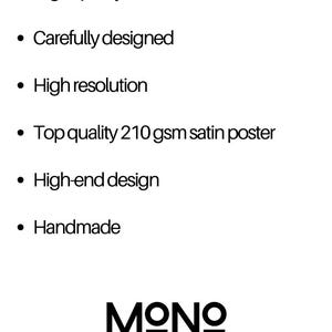 May include: A list of features for a high-quality poster, including high resolution, carefully designed, top quality 210gsm satin poster, high-end design, and handmade. The text "&Mu;&Omega;&Nu;&Omega;" is at the bottom of the image.