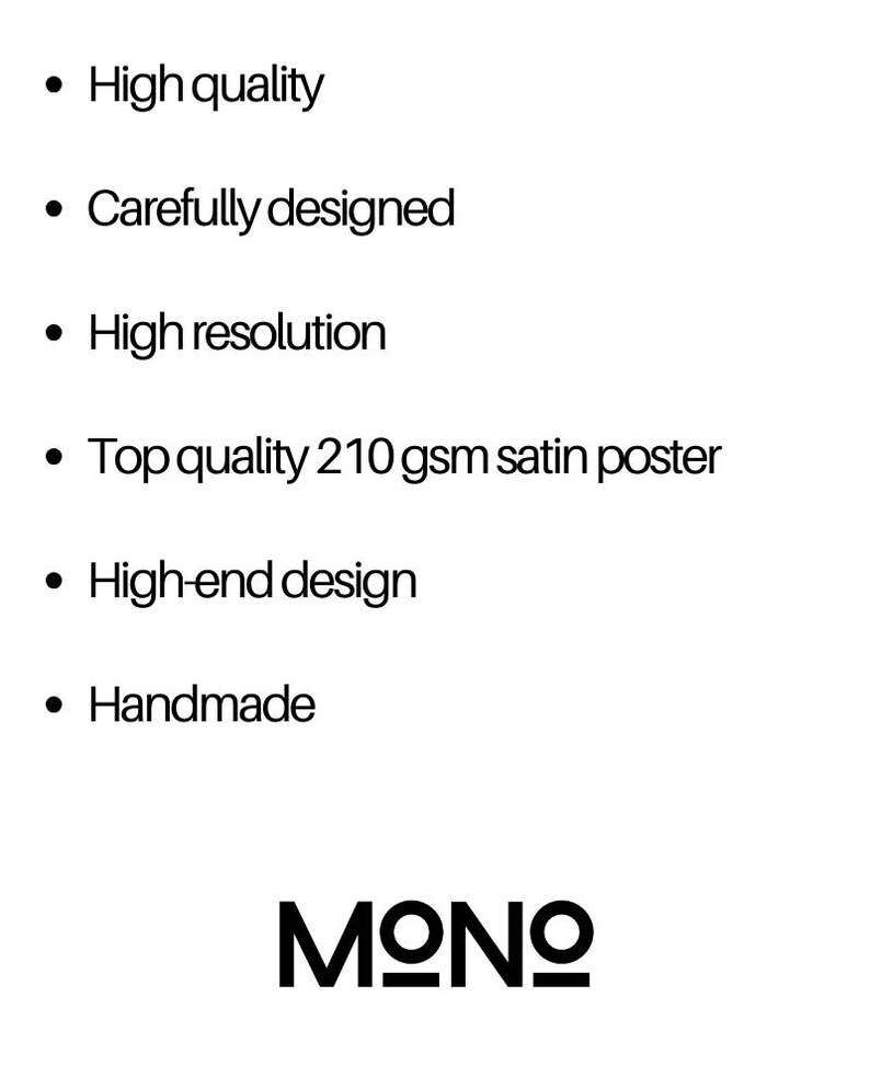 May include: A list of features for a high-quality poster, including high resolution, carefully designed, top quality 210gsm satin poster, high-end design, and handmade. The text "&Mu;&Omega;&Nu;&Omega;" is at the bottom of the image.