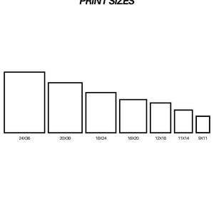 May include: A chart showing different print sizes for photographs. The sizes are listed from largest to smallest: 24x36, 20x30, 18x24, 16x20, 12x18, 11x14, 9x11.