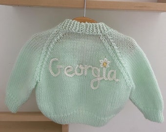 3-6 Months Personalised Hand Embroidored baby name cardigan. Hand knitted personalised baby cardigan.