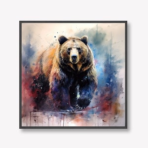 DIGITAL DOWNLOAD Grizzly Bear Watercolour Painting Effect Artwork, 12x12&quot; Printable | Also Available as 12x12&quot; Print