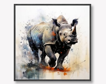 TÉLÉCHARGEMENT NUMÉRIQUE Oeuvre d'art à effet de peinture aquarelle rhinocéros, fichier numérique 12 x 12" | Egalement disponible en impression 12 x 12"