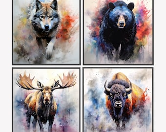 DIGITALER DOWNLOAD Kanadische Sammlung Set von 4 12x12 druckbare digitale Dateien - Wolf, Schwarzbär, Elch, Bison, Aquarellmalerei-Effekt