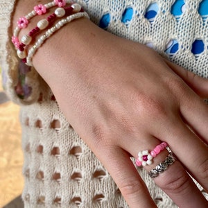 Pink Daisy Beaded Bracelets and Ring