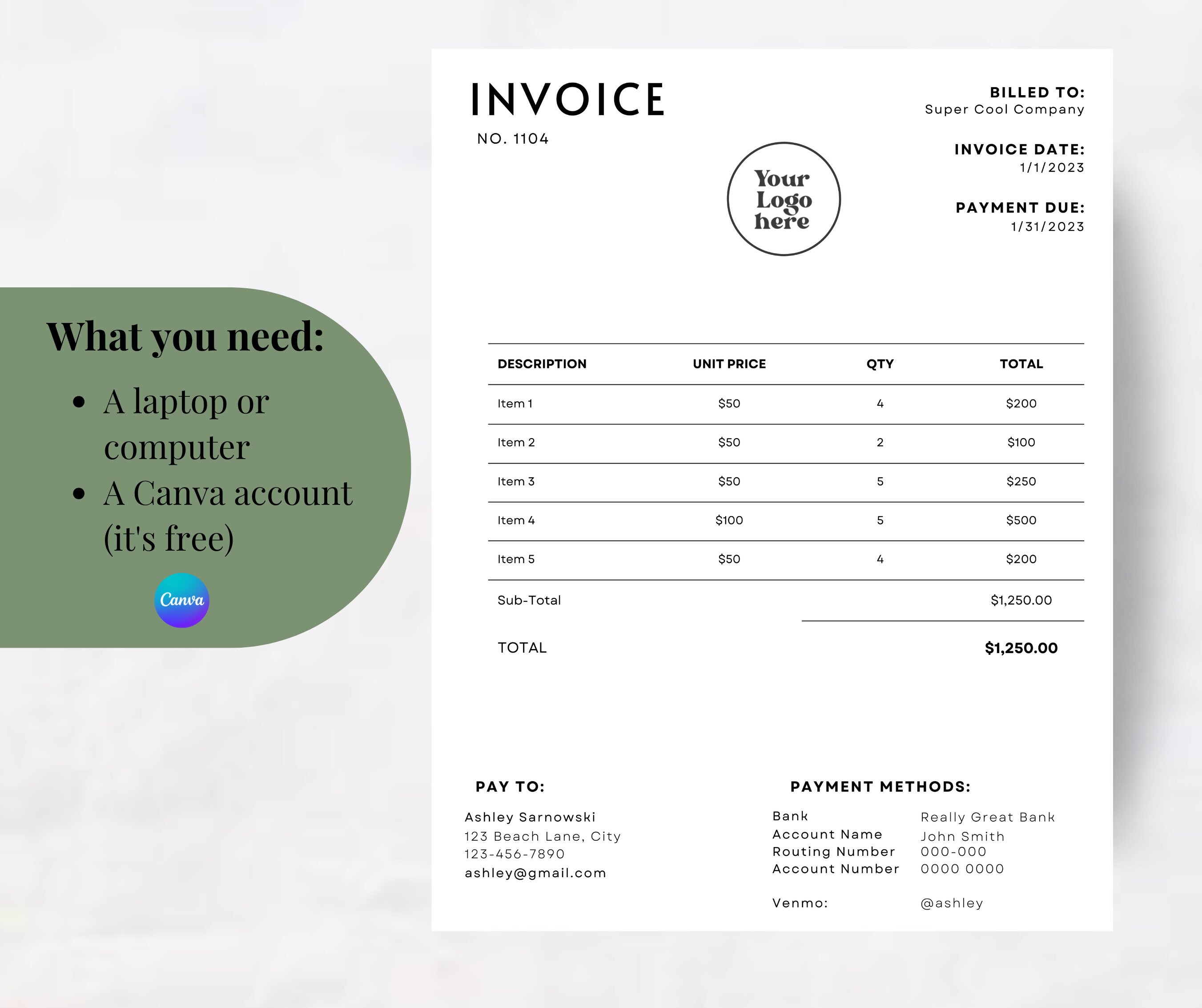 Invoice Template Editable Business Invoice Custom Invoice Printable Invoice template editable business invoice custom invoice printable